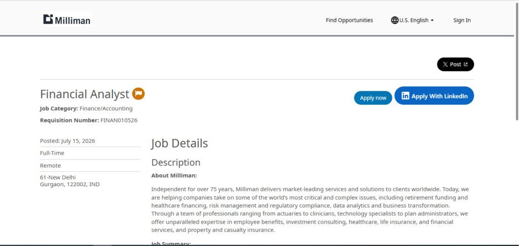 Milliman Work from Home Job; Hiring Financial Analyst