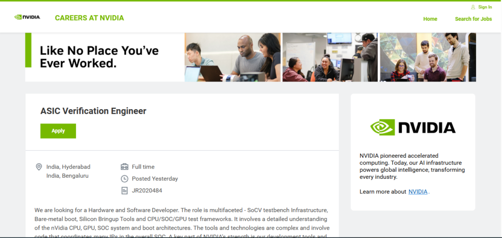 NVIDIA Recruitment Drive; Hiring ASIC Verification Engineer