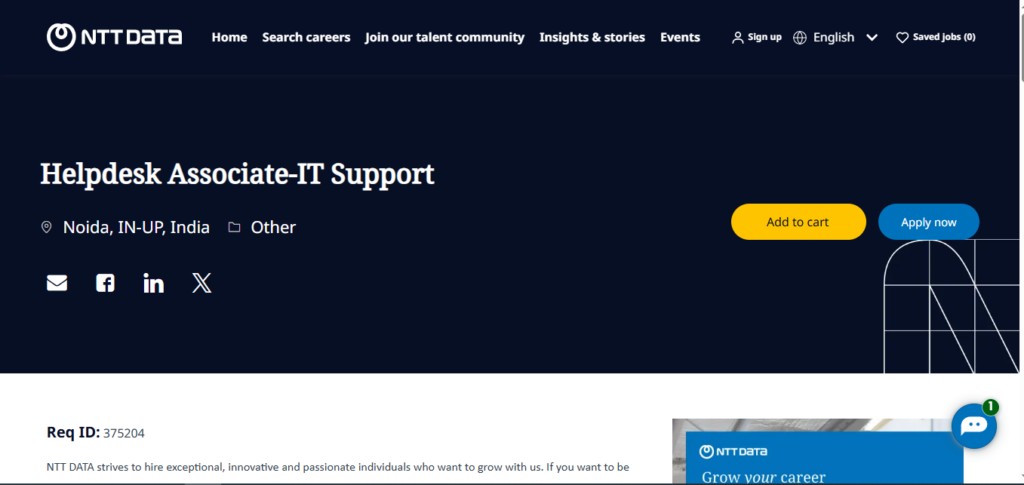 NTT Data Recruitment Drive; Hiring Helpdesk Associate