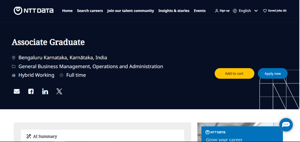 NTT Data Recruitment Drive; Hiring Associate Graduate