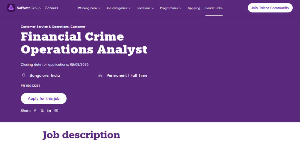 NatWest Recruitment Drive; Hiring Financial Crime Operations Analyst