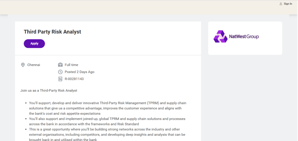 NatWest Group Recruitment Drive; Hiring Third Party Risk Analyst