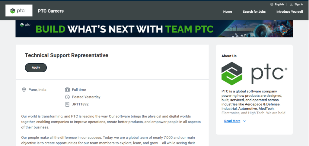 PTC Recruitment Drive; Hiring Technical Support Representative