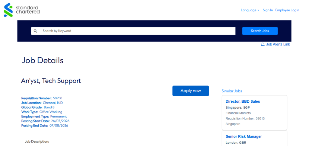 Standard Chartered Recruitment Drive; Hiring Tech Support Analyst