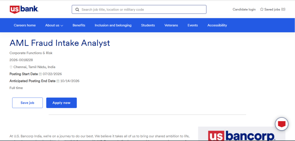 U.S. Bank Recruitment Drive; Hiring AML Fraud Intake Analyst