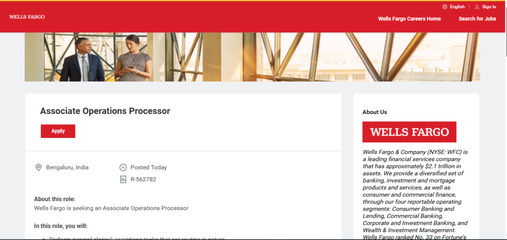 Wells Fargo Recruitment Drive; Hiring Associate Operations Processor