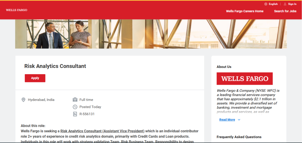 Wells Fargo Recruitment Drive; Hiring Risk Analytics Consultant