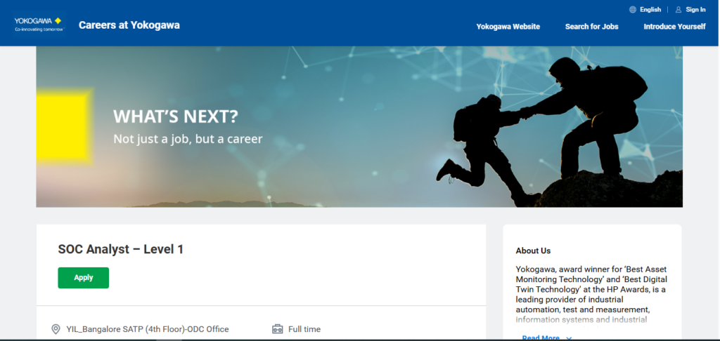 Yokogawa Recruitment Drive; Hiring SOC Analyst L1