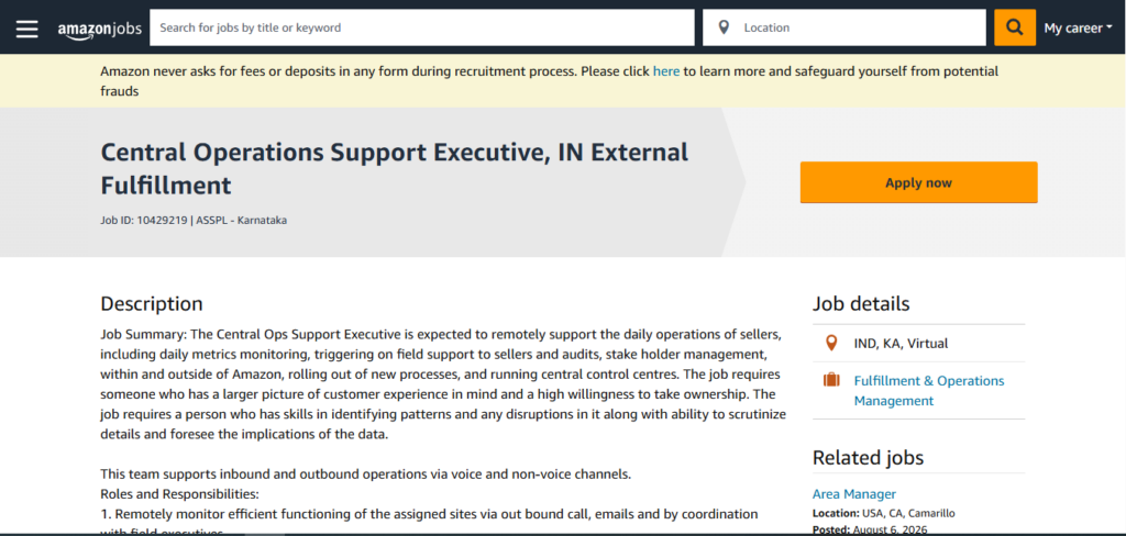 Amazon Work from Home Jobs; Hiring Central Operations Support Executive 