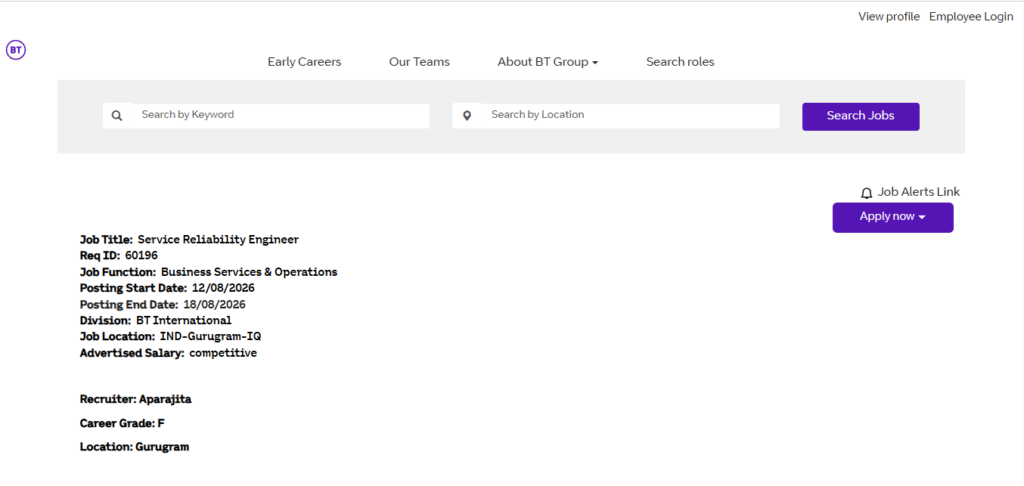 BT Group Recruitment Drive; Hiring Service Reliability Engineer