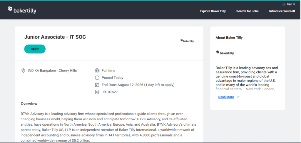 Baker Tilly Recruitment Drive; Hiring Junior Associate (IT SOC) 