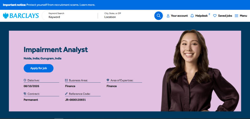 Barclays Recruitment Drive; Hiring Impairment Analyst