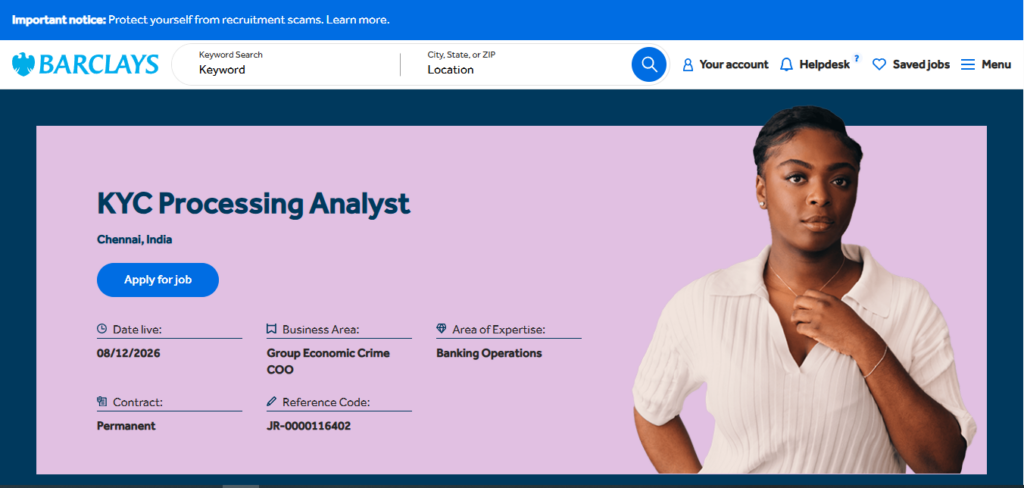 Barclays Recruitment Drive; Hiring KYC Processing Analyst