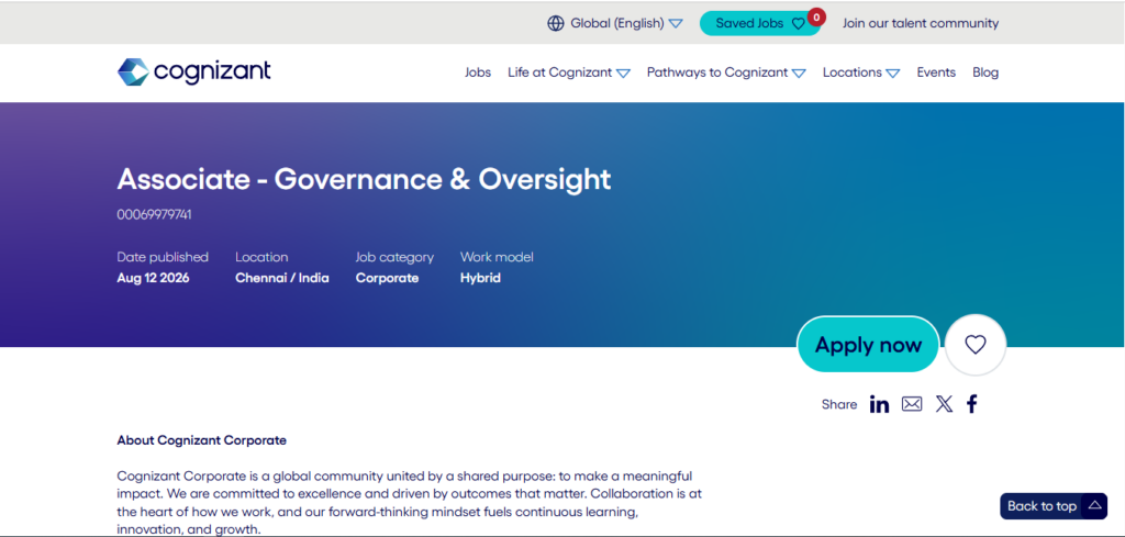 Cognizant Recruitment Drive; Hiring Governance & Oversight Associate