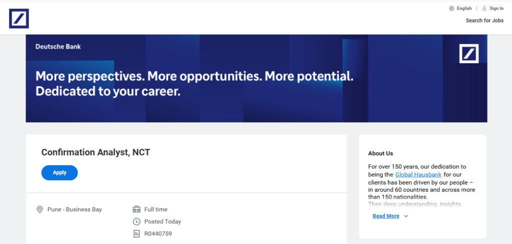 Deutsche Bank Recruitment Drive; Hiring Confirmation Analyst