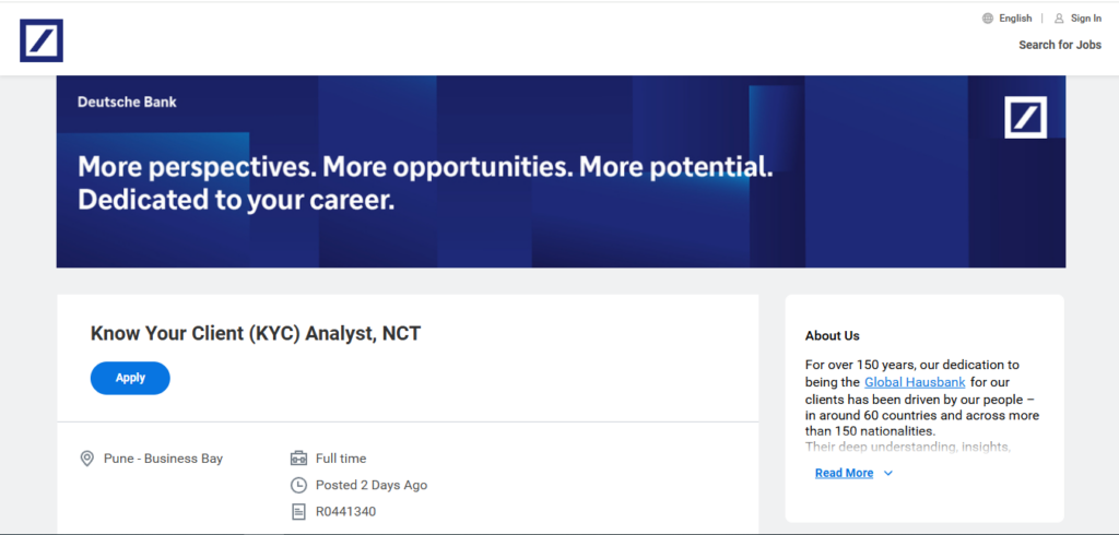 Deutsche Bank Recruitment Drive; Hiring KYC Analyst 