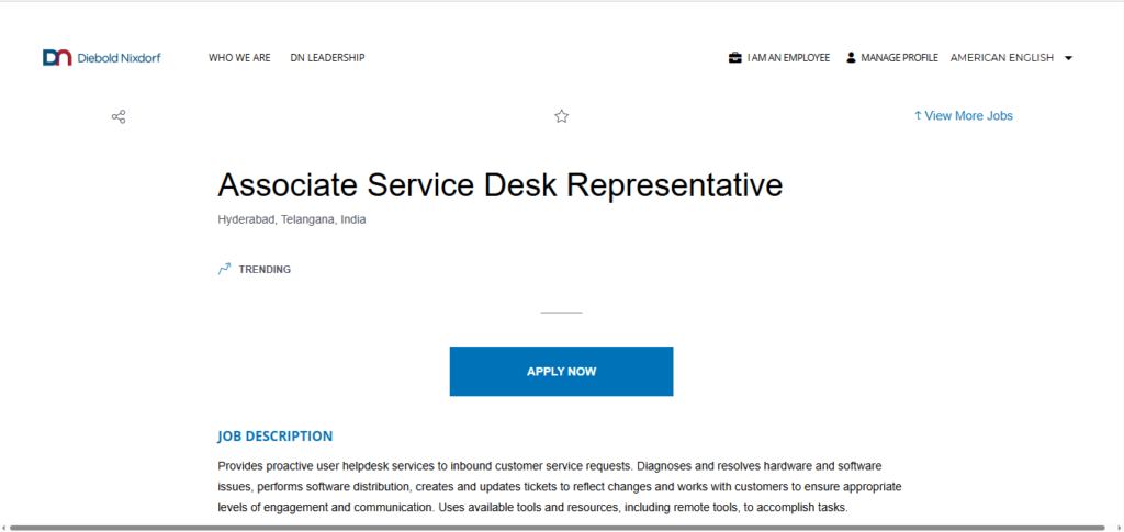 Diebold Nixdorf Recruitment Drive; Hiring Associate Service Desk Representative