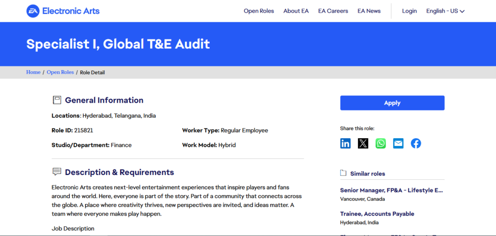 Electronic Arts Recruitment Drive; Hiring Global T&E Audit Specialist I