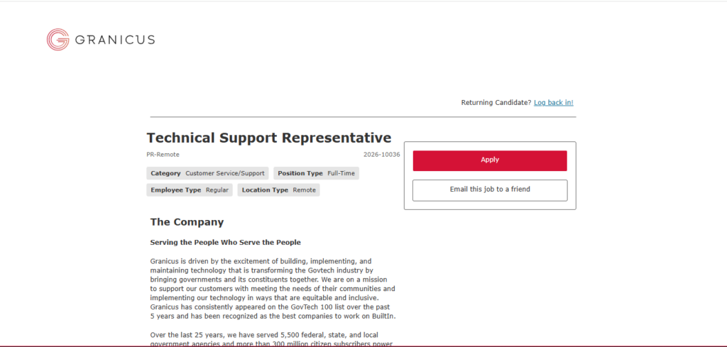Granicus Work from Home Jobs; Hiring Technical Support Representative