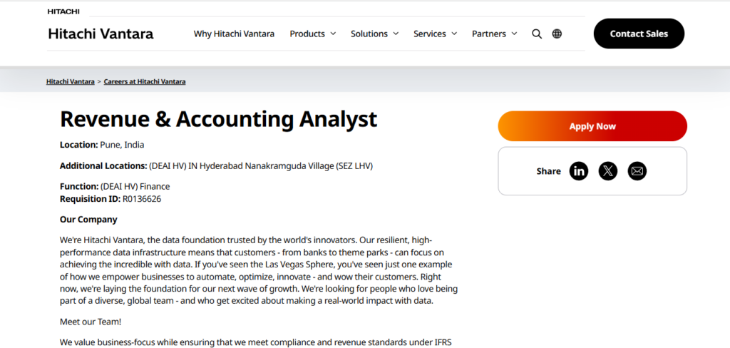 Hitachi Vantara Recruitment Drive; Hiring Revenue & Accounting Analyst