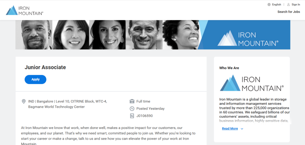 Iron Mountain Recruitment Drive; Hiring Junior Associate