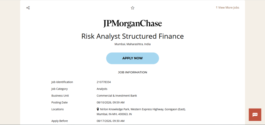 JPMorgan & Chase Recruitment Drive; Hiring Risk Analyst Structured Finance