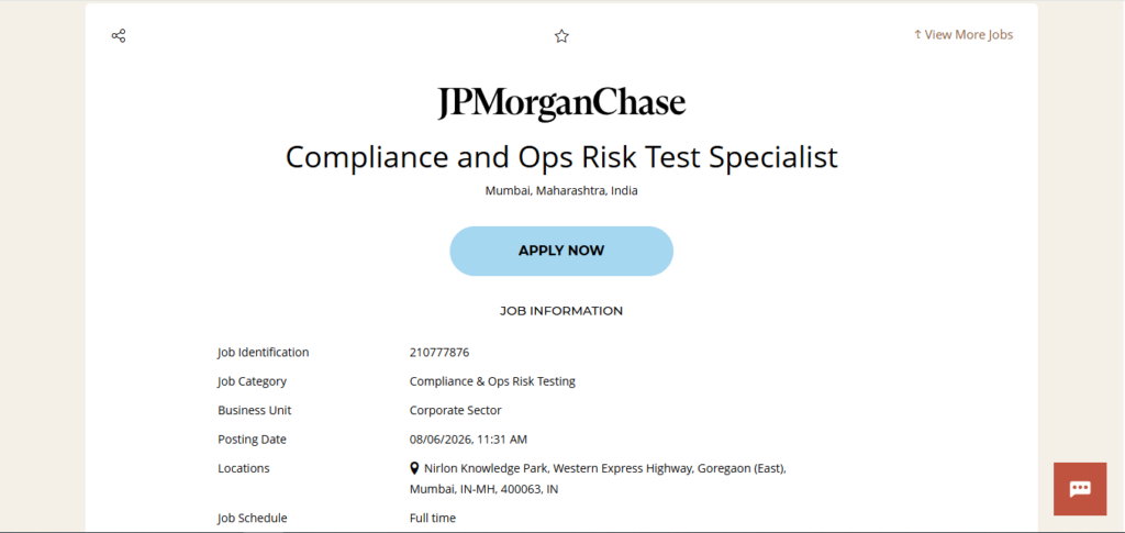JPMorgan & Chase Recruitment Drive; Hiring Compliance and Ops Risk Test Specialist
