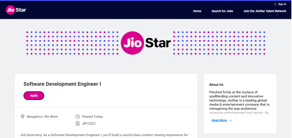 JioHotstar Recruitment Drive; Hiring Software Development Engineer I