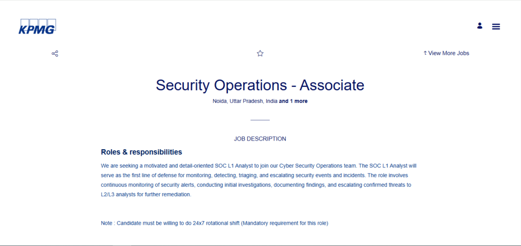 KPMG Recruitment Drive; Hiring SOC L1 Analyst
