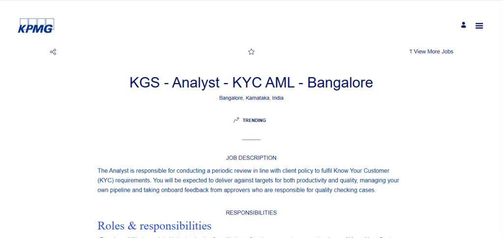 KPMG Recruitment Drive; Hiring Analyst (KYC / AML) 