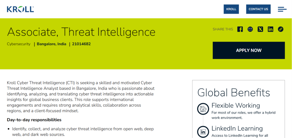 Kroll Recruitment Drive; Hiring Threat Intelligence Associate