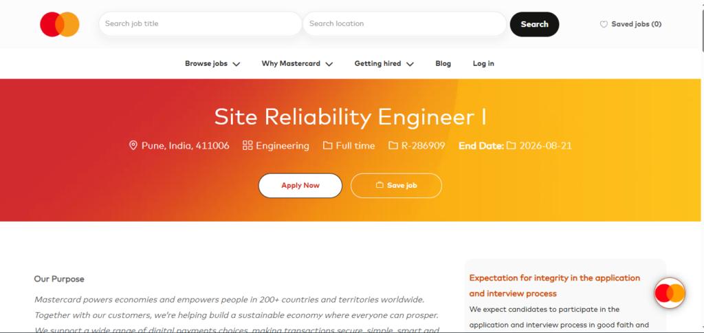 Mastercard Recruitment Drive; Hiring Site Reliability Engineer I
