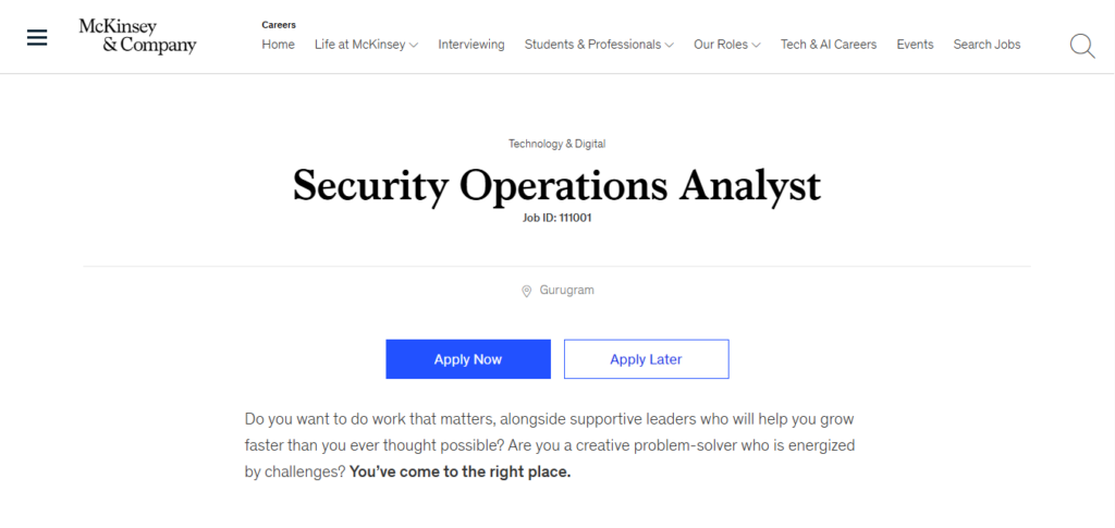 McKinsey & Company Recruitment Drive; Hiring Security Operations Analyst