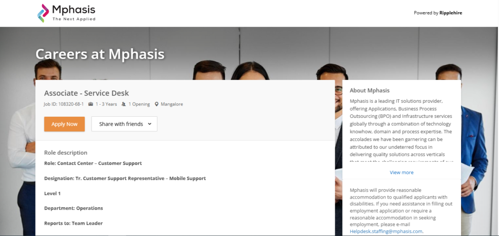 Mphasis Recruitment Drive; Hiring Associate (Service Desk)