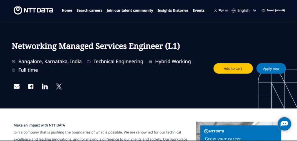 NTT Data Recruitment Drive; Hiring Networking Managed Services Engineer 