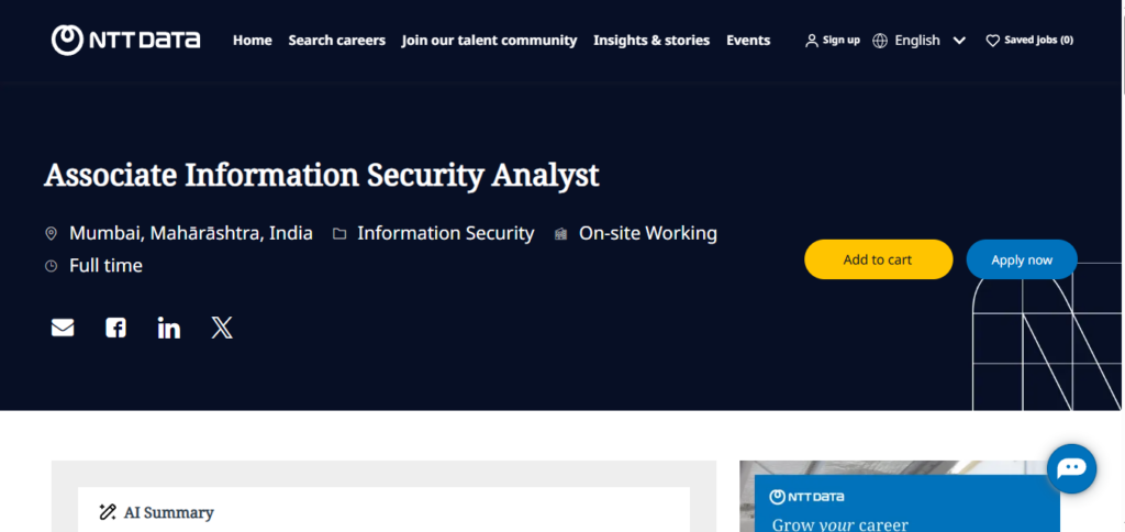 NTT Data Recruitment Drive; Hiring Associate Information Security Analyst 