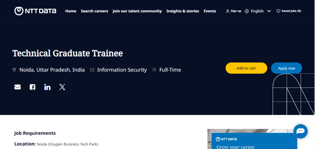 NTT Data Recruitment Drive; Hiring Technical Graduate Trainee