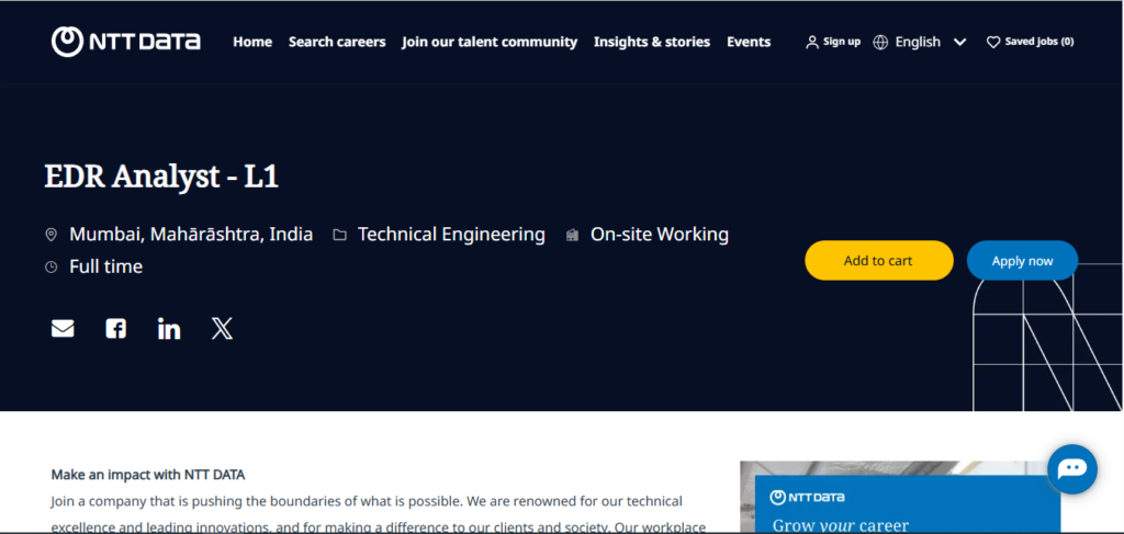 NTT Data Recruitment Drive; Hiring EDR Analyst
