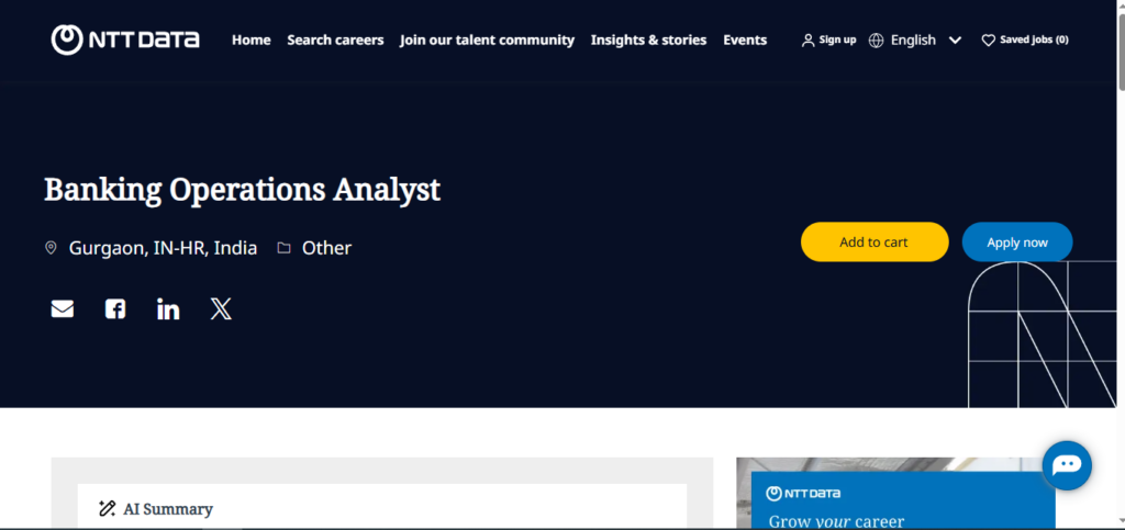 NTT Data Recruitment Drive; Hiring Banking Operations Analyst