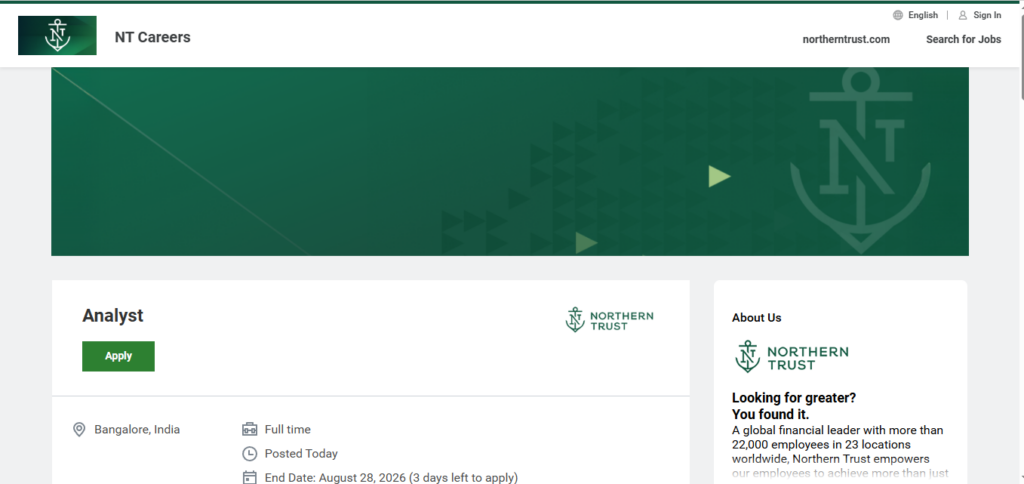 Northern Trust Recruitment Drive; Hiring Analyst