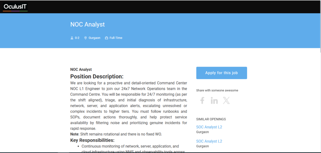 Oculusit Recruitment Drive; Hiring NOC Analyst