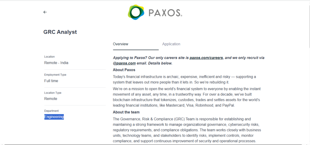 Paxos Work from Home Jobs; Hiring GRC Analyst
