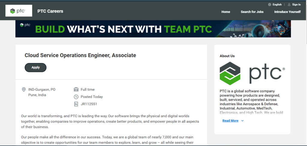 PTC Recruitment Drive; Hiring Cloud Service Operations Engineer