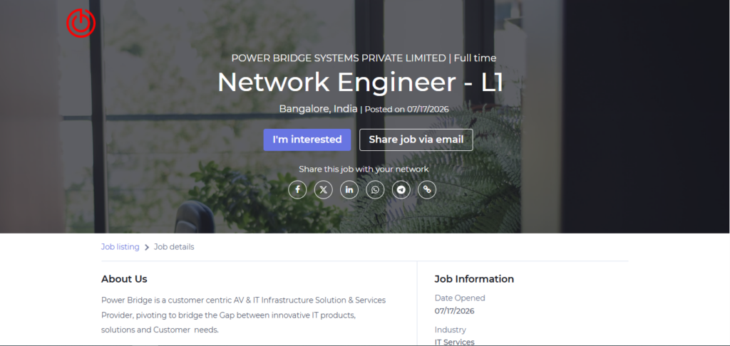 Power Bridge Recruitment Drive; Hiring Network Engineer L1