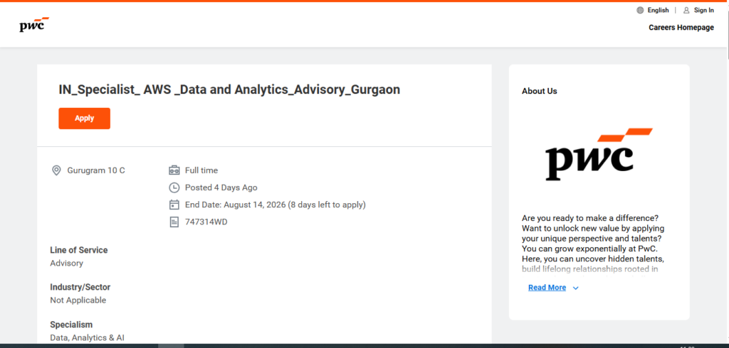 PwC Recruitment Drive; Hiring Associate AWS Specialist