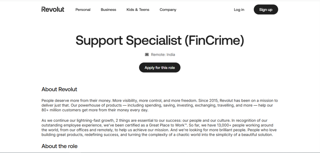 Revolut Work from Home Jobs; Hiring Support Specialist