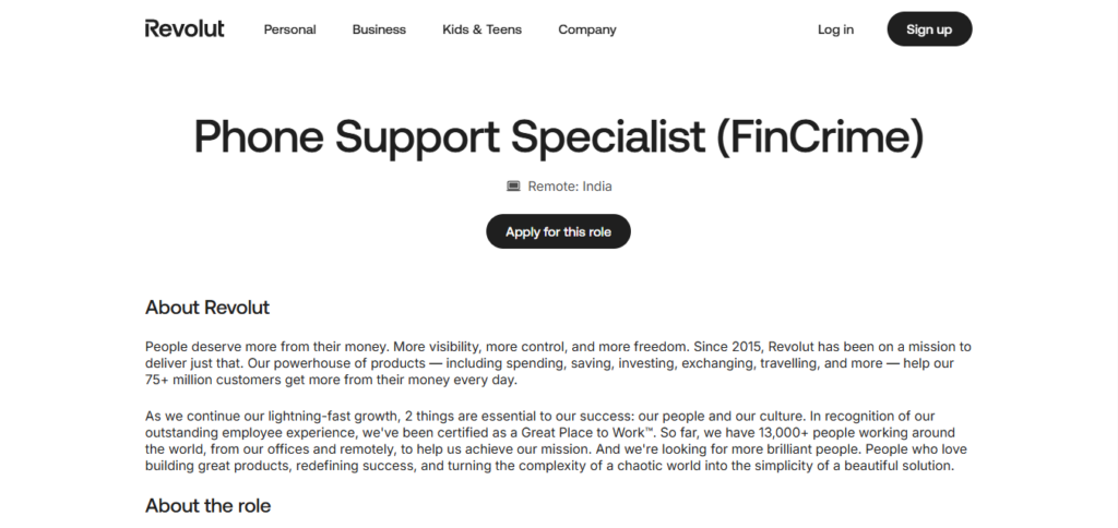 Revolut Work from Home Jobs; Hiring Phone Support Specialist