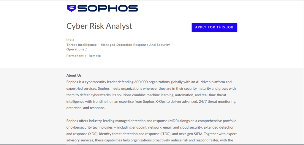 SOPHOS Work from Home Jobs; Hiring Cyber Risk Analyst