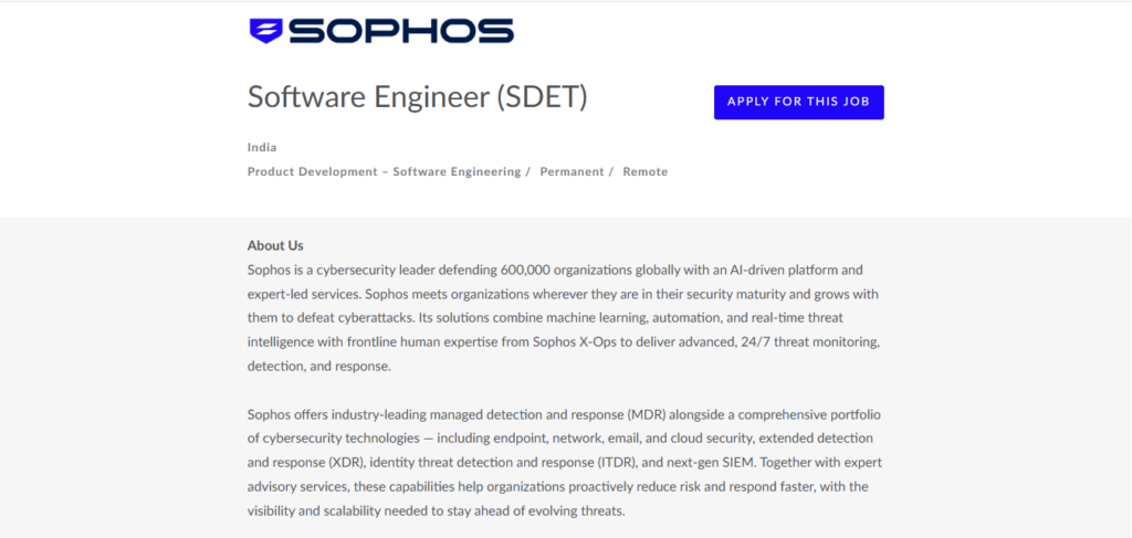 SOPHOS Work from Home Jobs; Hiring Software Engineer (SDET)