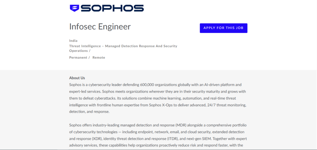 SOPHOS Work from Home Jobs; Hiring Infosec Engineer